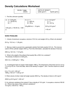 Density Calculations Worksheet I