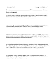 Chemistry Honors Density Practice Worksheet Name: Date: Class: