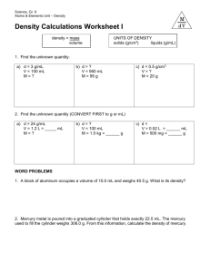 Density Calculations Worksheet I