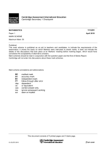 Cambridge Secondary Checkpoint - Mathematics (1112) April 2019 Paper 1 Mark Scheme